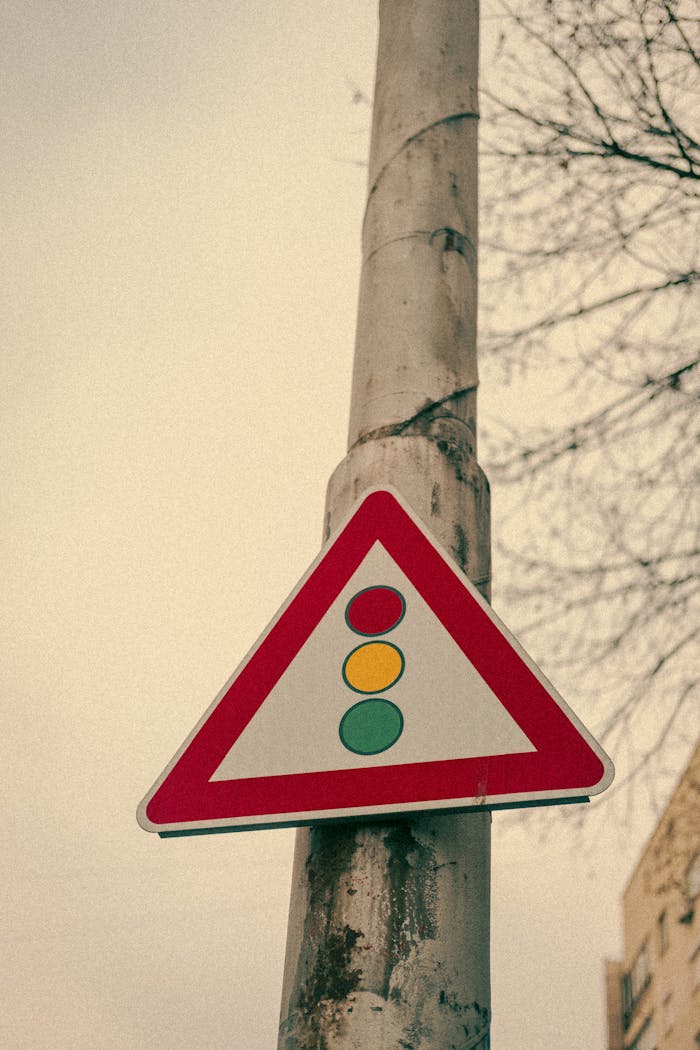 A triangular traffic light warning sign on a street pole in Varna, Bulgaria, with bare winter trees.
